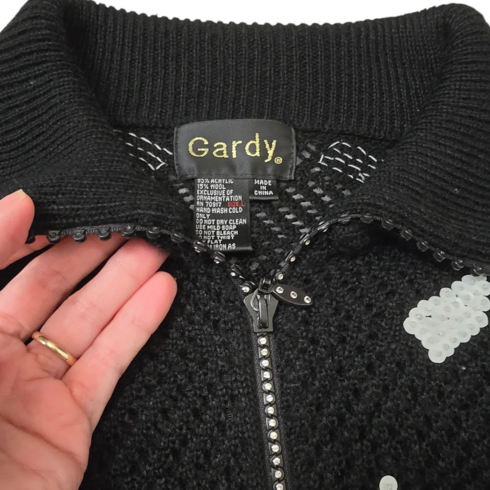 Women's Gardy Cardigan Knit Sweater Black Knit White Sequins Rhinestone Zipper L - Picture 6 of 13